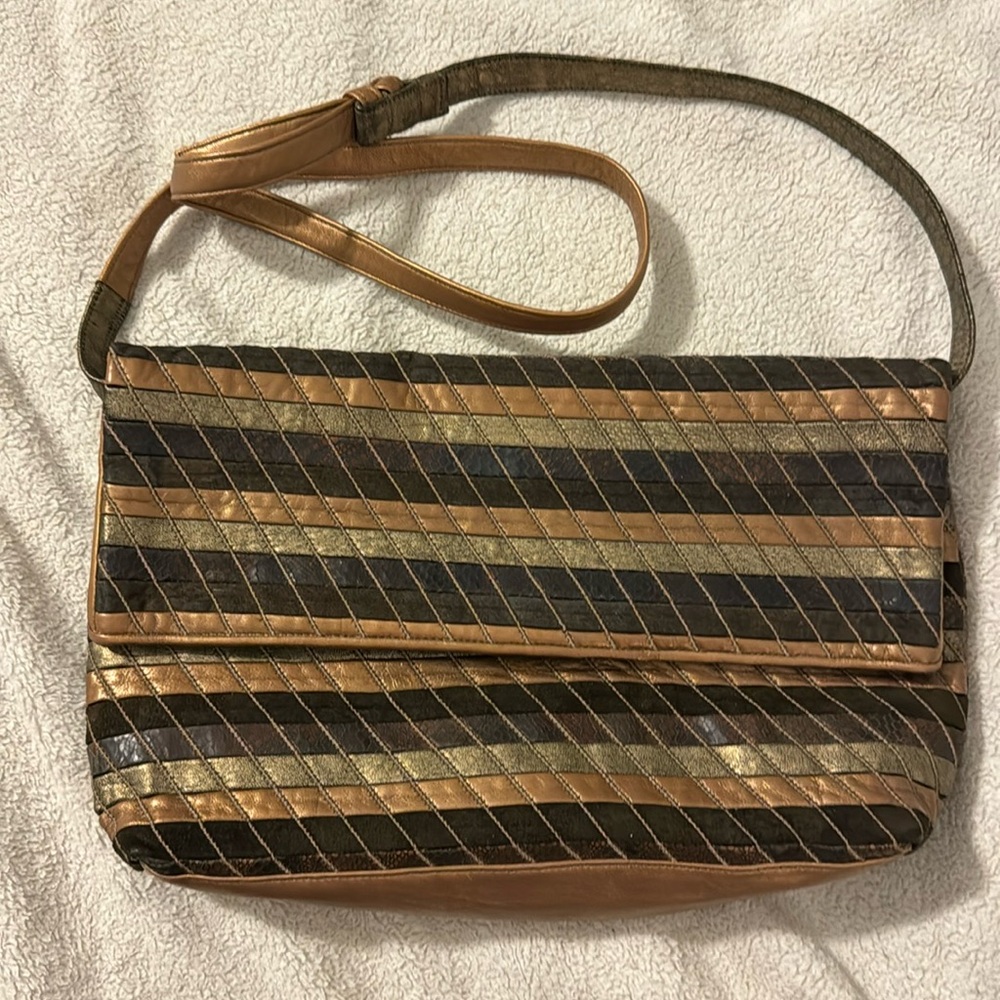 Women’s Sharif Brown/Copper/Metallic Leather Flap Striped Crossbody Bag